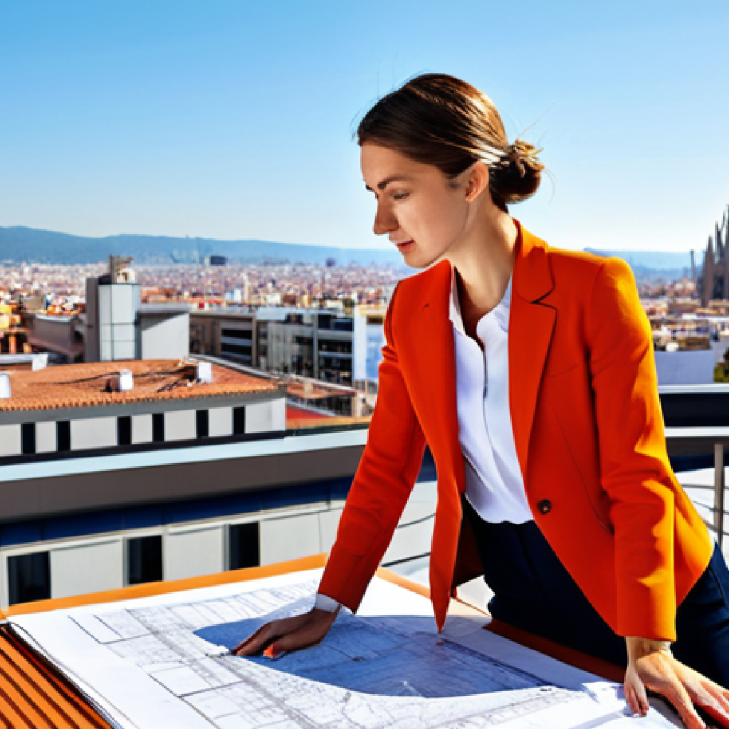 **

"A professional female architect, fully clothed in a stylish yet modest business casual outfit, reviewing blueprints on a sunny rooftop overlooking a vibrant cityscape like Barcelona or Madrid, appropriate attire, safe for work, perfect anatomy, natural proportions, professional photography, high quality."

**