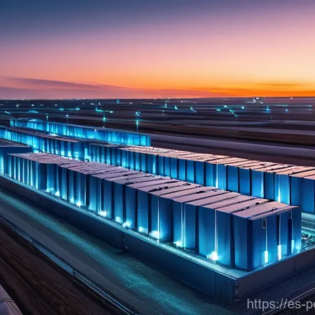 ESS의 기술적 도전과제 - **Prompt:** "A futuristic, large-scale energy storage system (ESS) facility at dusk, featuring rows ...