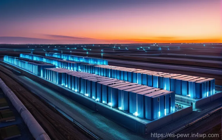 ESS의 기술적 도전과제 - **Prompt:** "A futuristic, large-scale energy storage system (ESS) facility at dusk, featuring rows ...