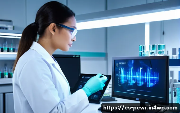 ESS의 기술 발전을 위한 연구 방향 - A futuristic laboratory scene showcasing advanced lithium-ion battery electrodes with intricate nano...