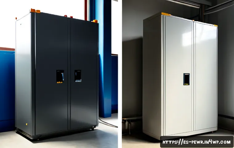 Home 17 ESS 기술 비교 리튬이온 vs 납산 배터리 - Photorealistic side-by-side comparison of two stationary energy storage battery systems in a clean S...
