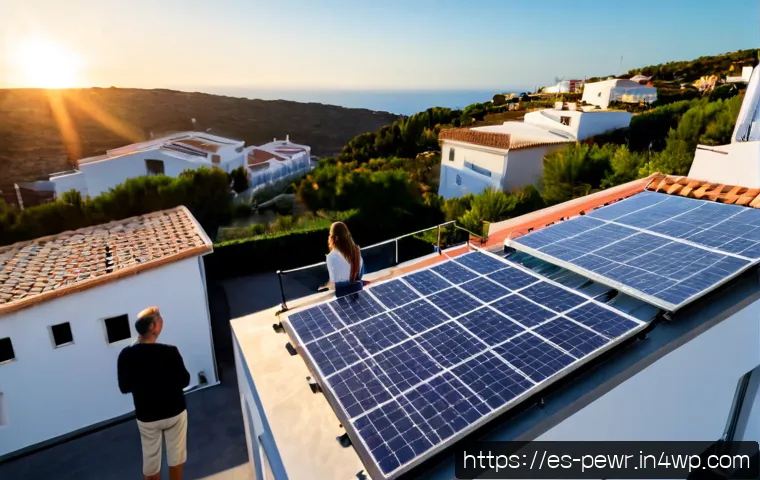 Home 17 ESS의 중요성에 대한 인식 변화 - Photorealistic wide-angle view of a modern solar-powered home in a sunny Spanish coastal town, rooft...
